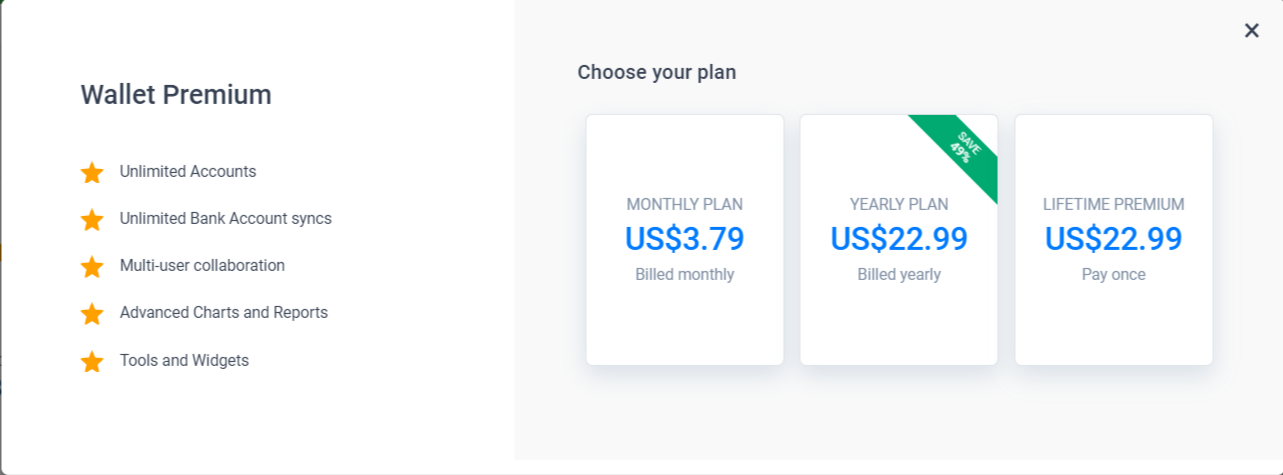 wallet app premium plan page